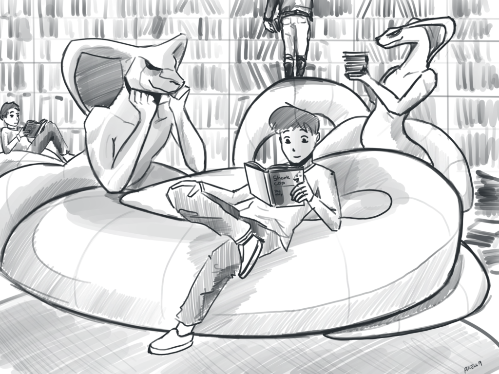 a library where snake people and smol humans come to read and cuddle